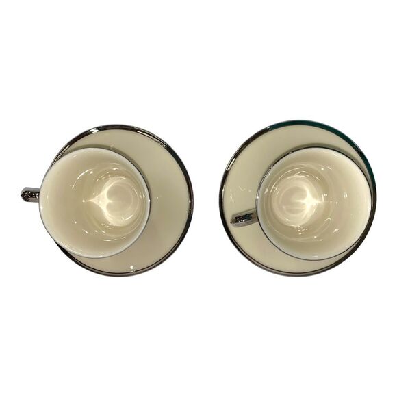 Set of Two Lenox Solitaire Teacup and Saucer in Ivory with Platinum Silver Rim - Picture 4 of 11